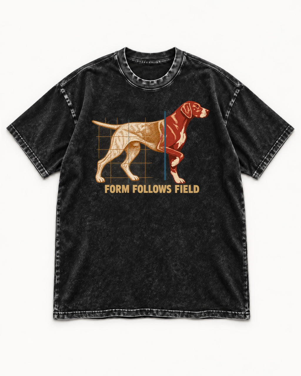 German Shorthaired Pointer Form Follows Field Grid Graphic Washed Tee in Black, flat lay product photo