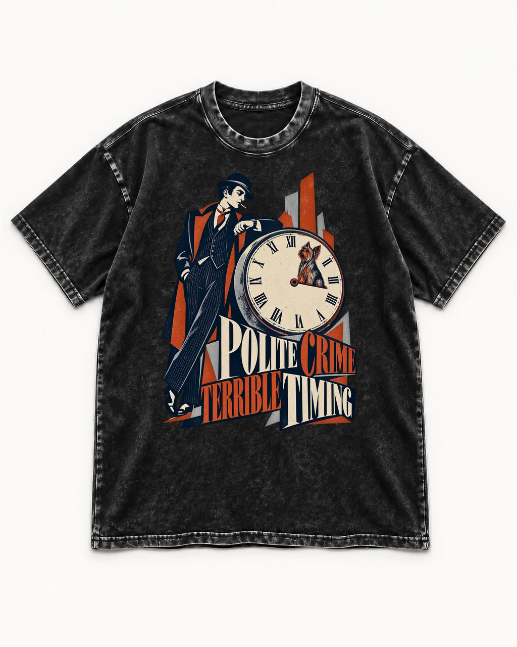 Yorkshire Terrier Polite Crime Terrible Timing Art Deco Clock Graphic Washed Tee in Black, flat lay product photo