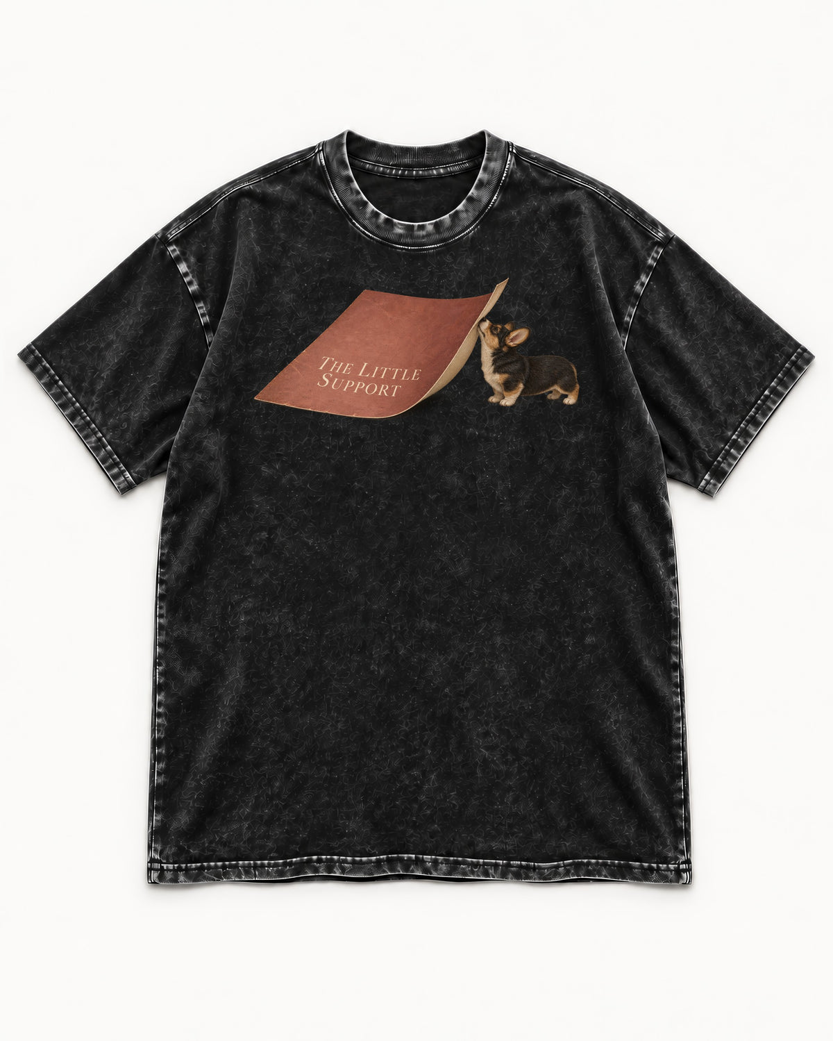 Corgi The Little Support Paper Graphic Washed Tee in Black, flat lay product photo