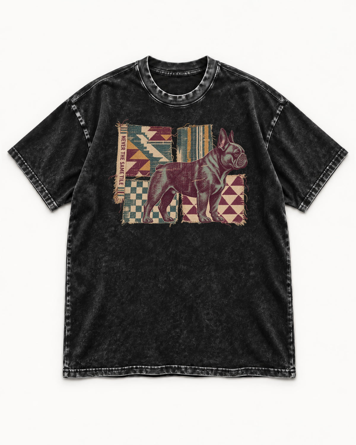 Frenchie Never the Same Tile Textile Graphic Washed Tee in Black, flat lay product photo
