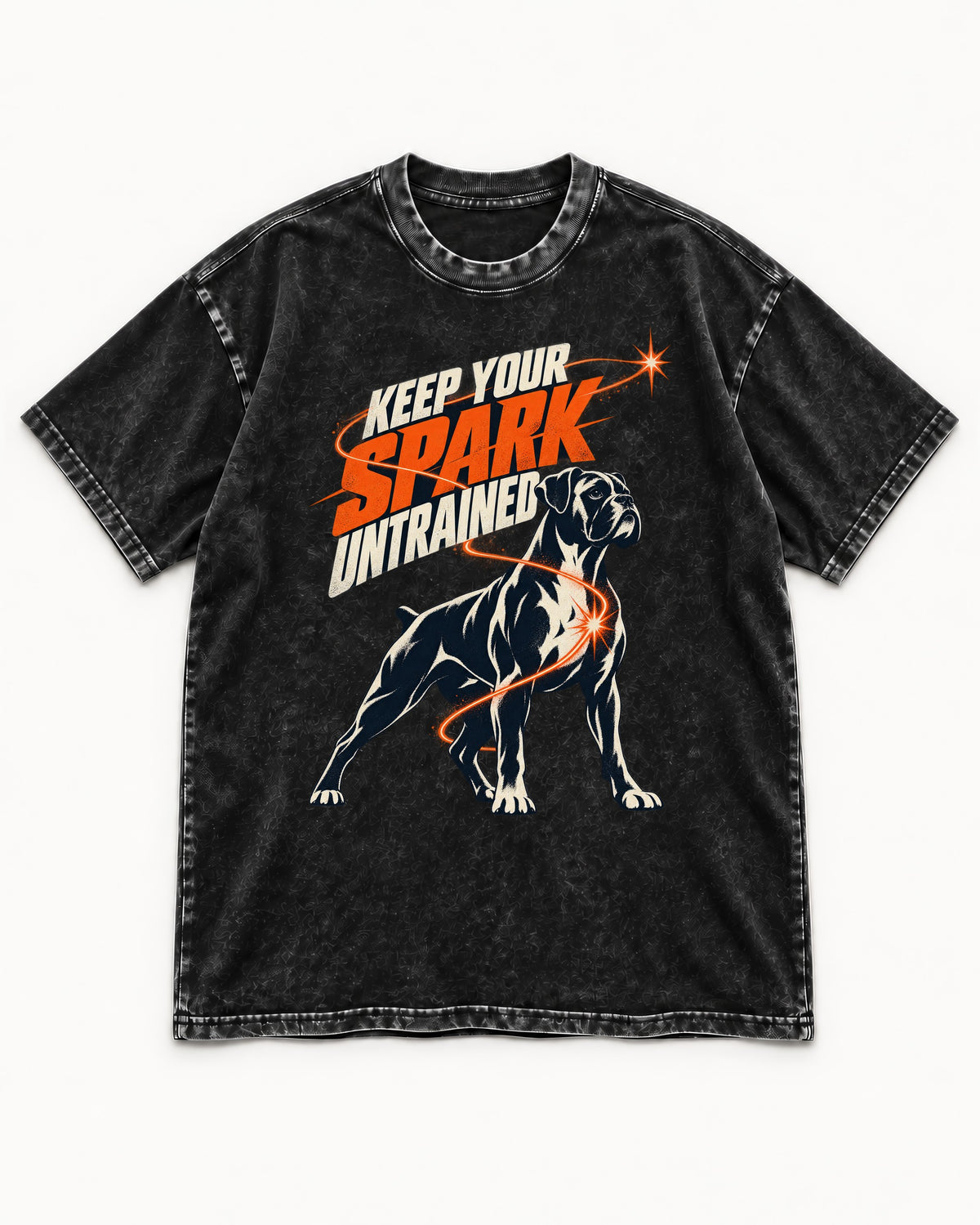 Boxer Keep Your Spark Untrained Washed Tee in Black, flat lay product photo