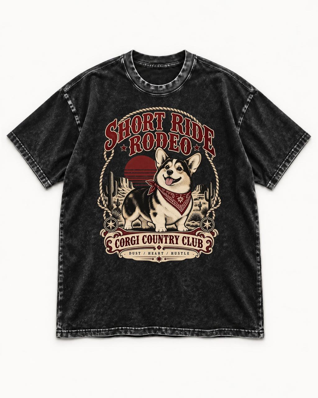 Corgi Short Ride Rodeo Country Club Badge Washed Tee in Black, flat lay product photo