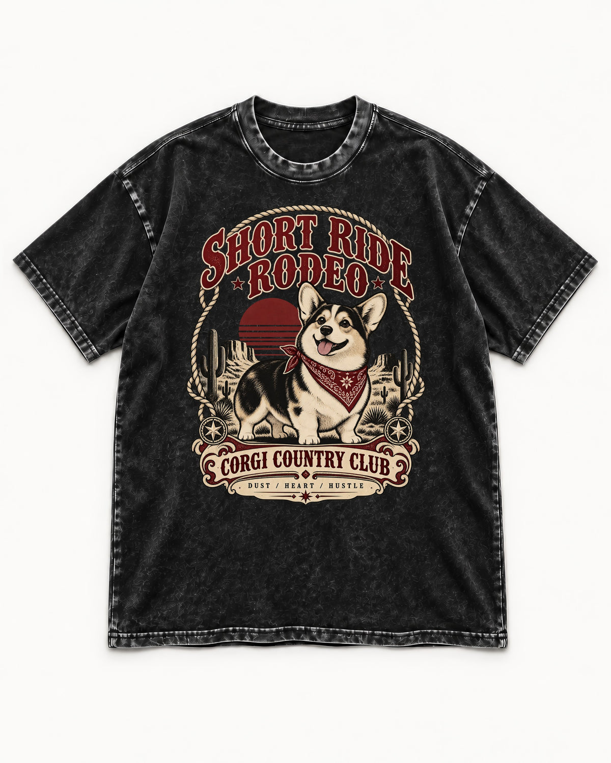 Corgi Short Ride Rodeo Country Club Badge Washed Tee in Black, flat lay product photo