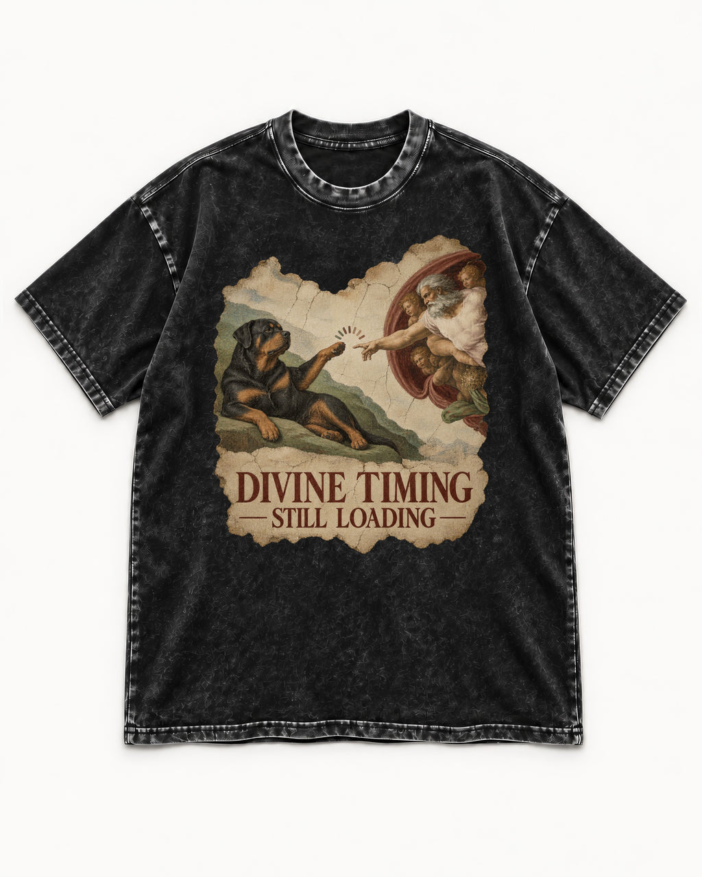 Rottweiler Divine Timing Still Loading Creation Parody Graphic Washed Tee in Black, flat lay product photo