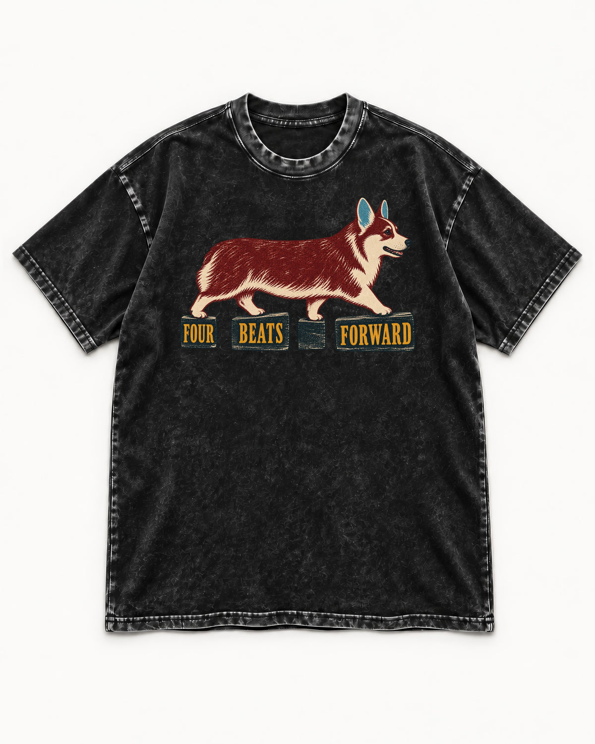 Corgi Four Beats Forward Washed Tee in Black, flat lay product photo