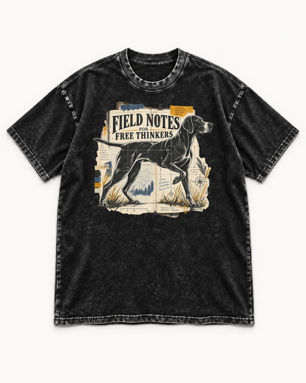 Field Notes for Free Thinkers Collage German Shorthaired Pointer Graphic Washed Tee in Black, flat lay product photo