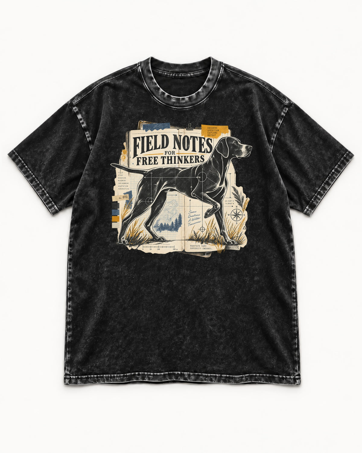 Field Notes for Free Thinkers Collage German Shorthaired Pointer Graphic Washed Tee in Black, flat lay product photo
