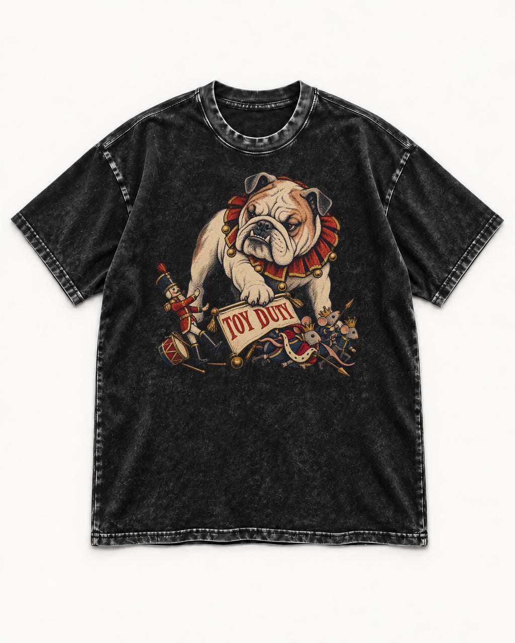 English Bulldog Toy Duty Nutcracker Mice Washed Tee in Black, flat lay product photo