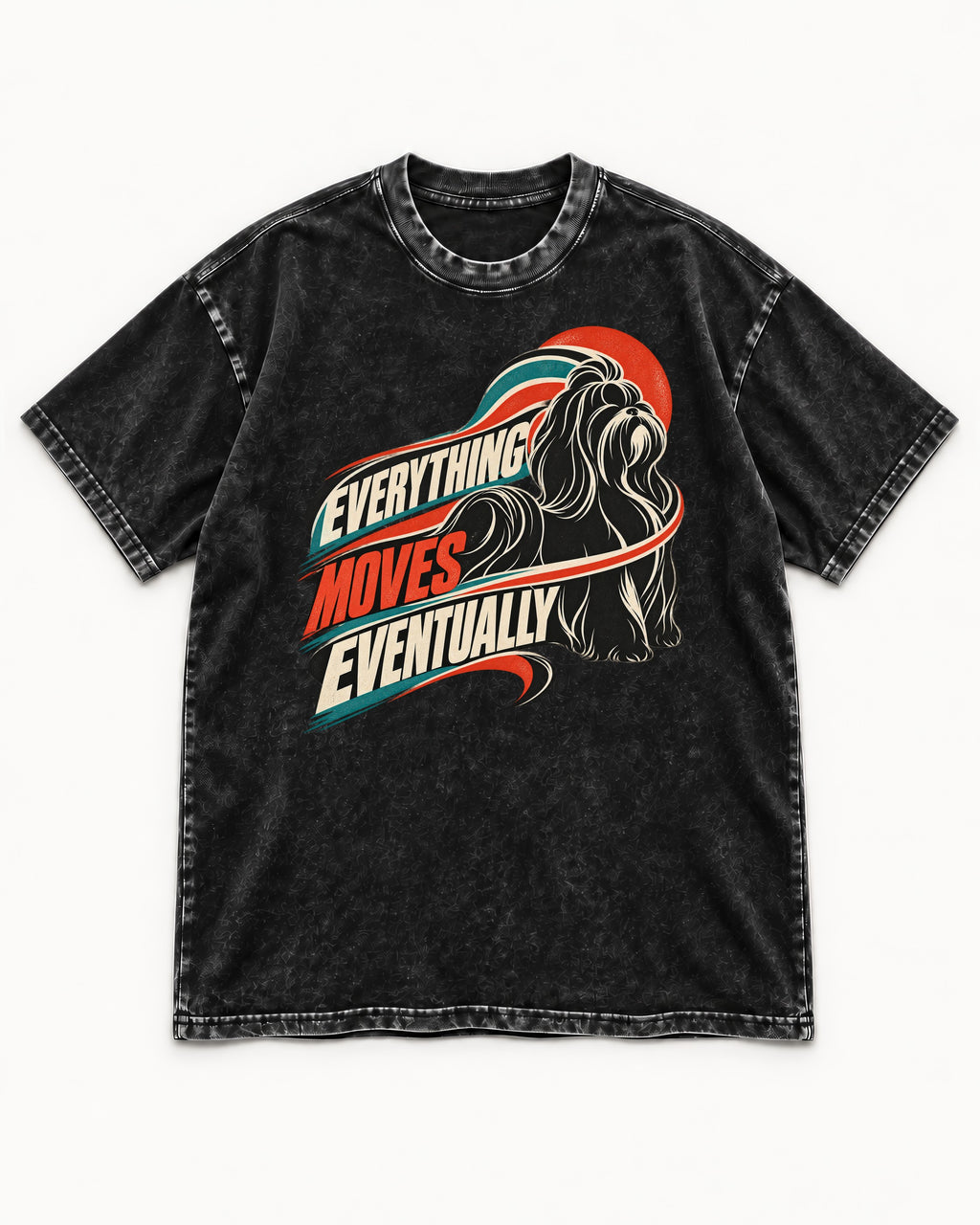 Shih Tzu Everything Moves Eventually Retro Speed Graphic Washed Tee in Black, flat lay product photo
