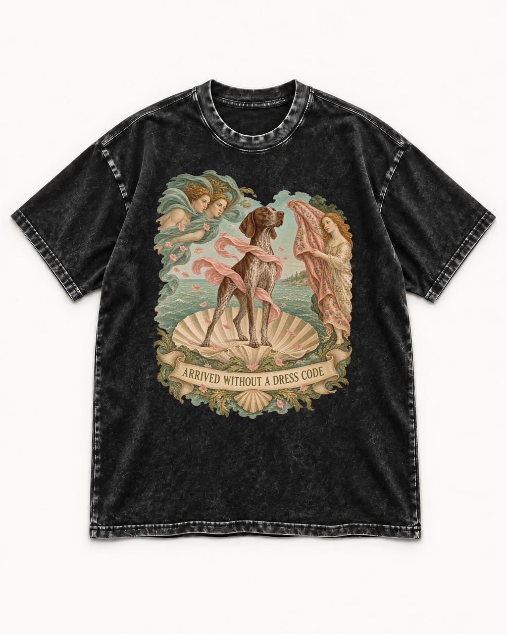 German Shorthaired Pointer Arrived Without A Dress Code Birth Of Venus Graphic Washed Tee in Black, flat lay product photo
