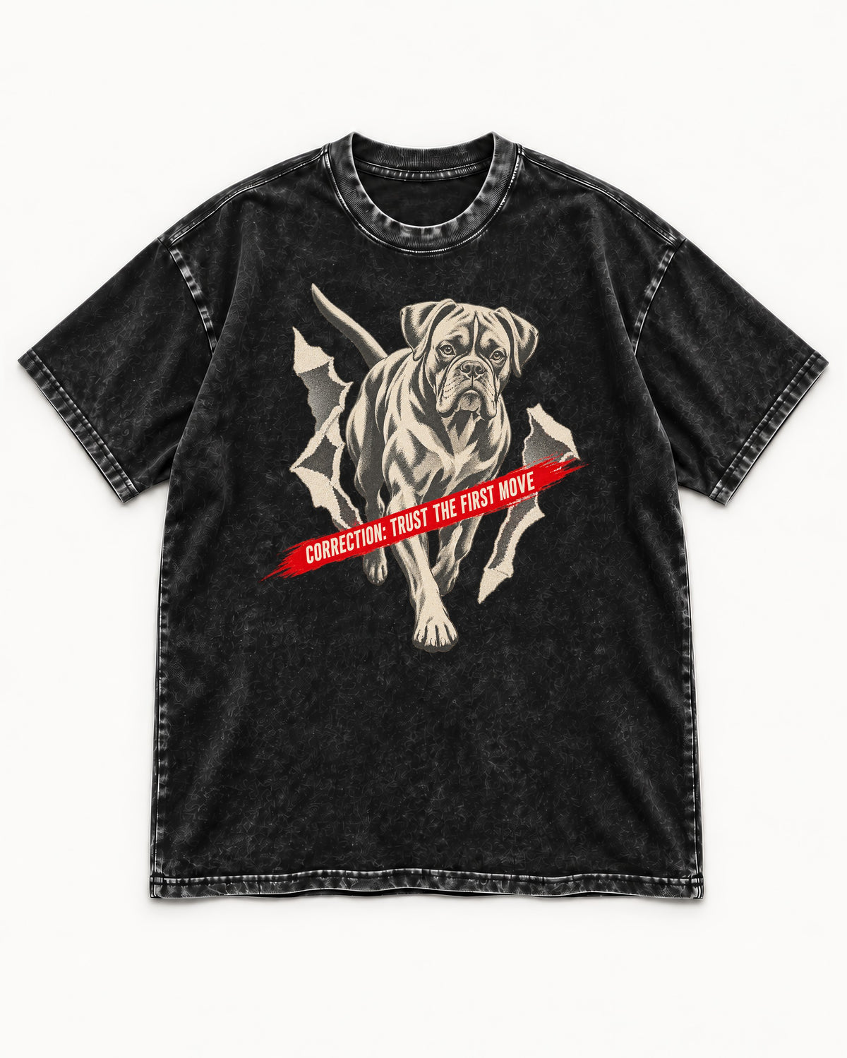 Mastiff Mismatch Boxer Needs Review Washed Tee in Black, flat lay product photo