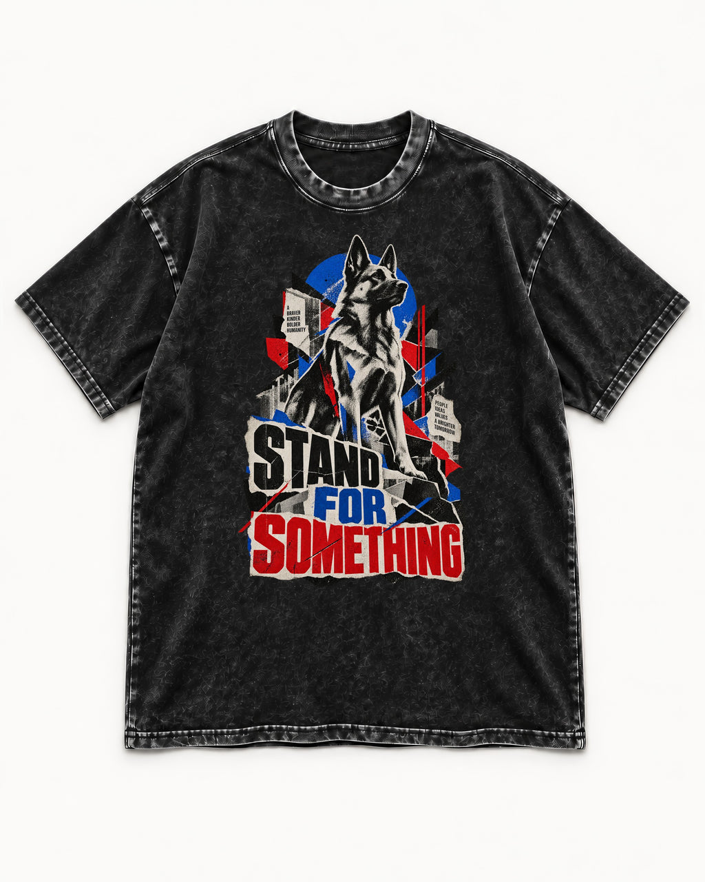 Stand For Something Brutalist Collage German Shepherd Dog Graphic Washed Tee in Black, flat lay product photo