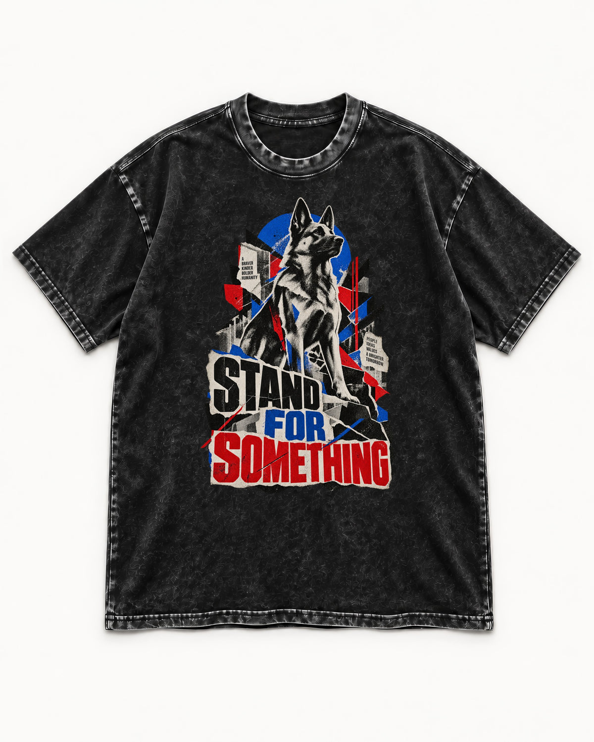 Stand For Something Brutalist Collage German Shepherd Dog Graphic Washed Tee in Black, flat lay product photo