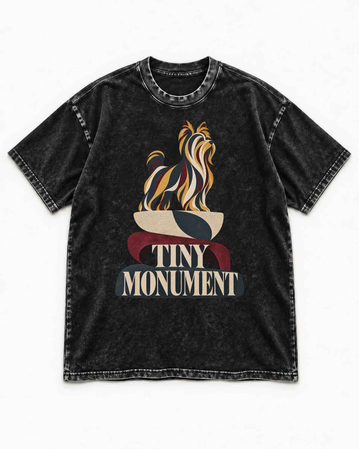 Yorkshire Terrier Tiny Monument Sculptural Plinth Graphic Washed Tee in Black, flat lay product photo