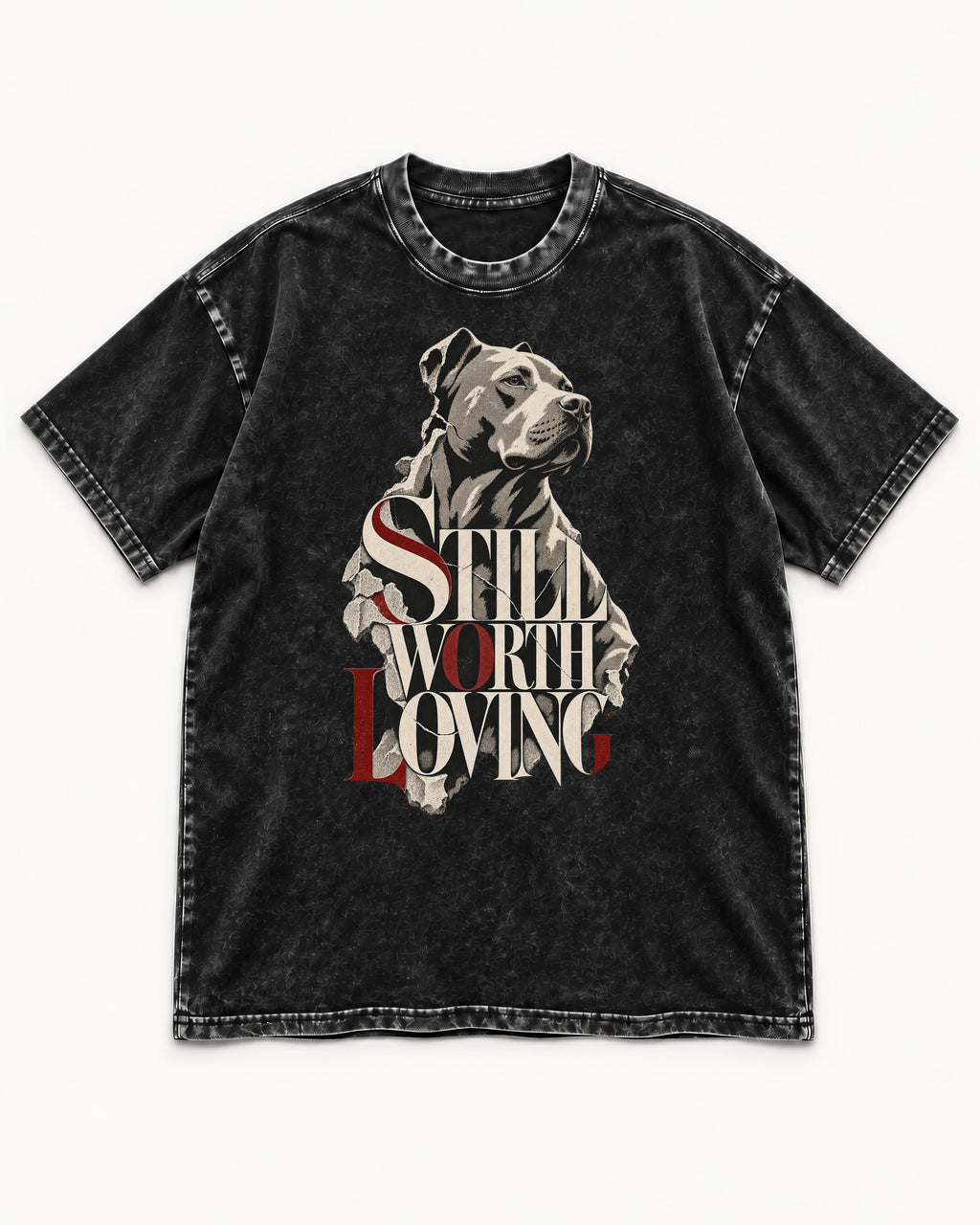 Pitbull Still Worth Loving Torn Poster Portrait Graphic Washed Tee in Black, flat lay product photo
