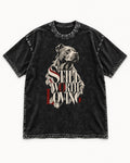 Pitbull Still Worth Loving Torn Poster Portrait Graphic Washed Tee in Black, flat lay product photo