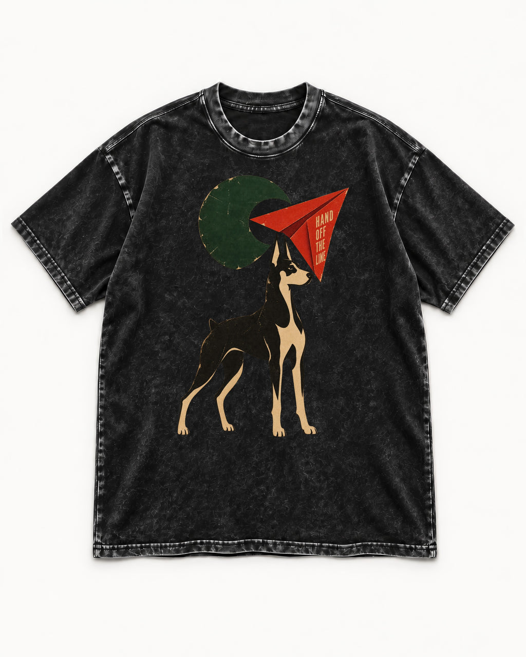 Doberman Hand Off the Line Paper Plane Graphic Washed Tee in Black, flat lay product photo