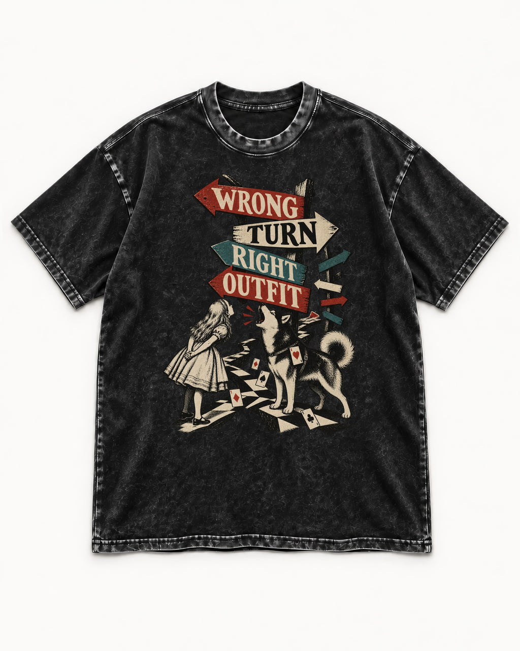 Husky Wrong Turn Right Outfit Wonderland Signpost Graphic Washed Tee in Black, flat lay product photo