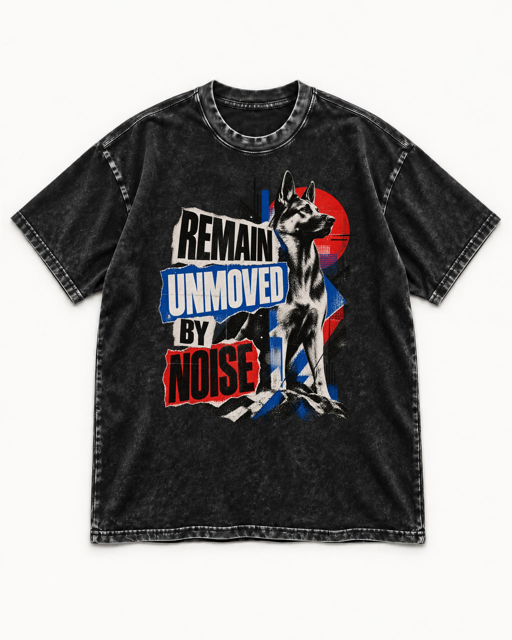 Remain Unmoved By Noise Brutalist Collage German Shepherd Dog Graphic Washed Tee in Black, flat lay product photo