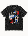 Remain Unmoved By Noise Brutalist Collage German Shepherd Dog Graphic Washed Tee in Black, flat lay product photo