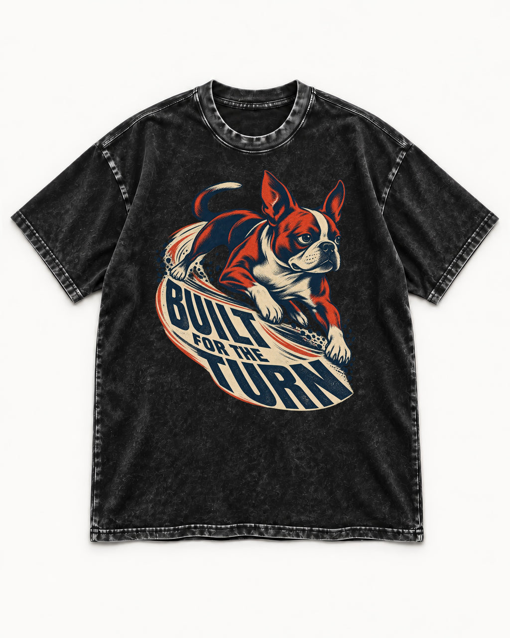 Built for the Turn Boston Terrier Washed Tee in Black, flat lay product photo