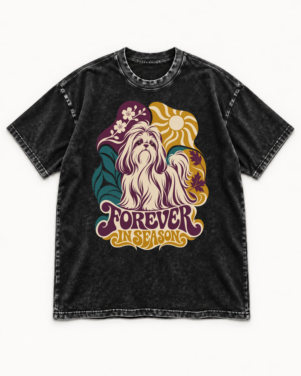 Shih Tzu Forever in Season Botanical Sun Graphic Washed Tee in Black, flat lay product photo