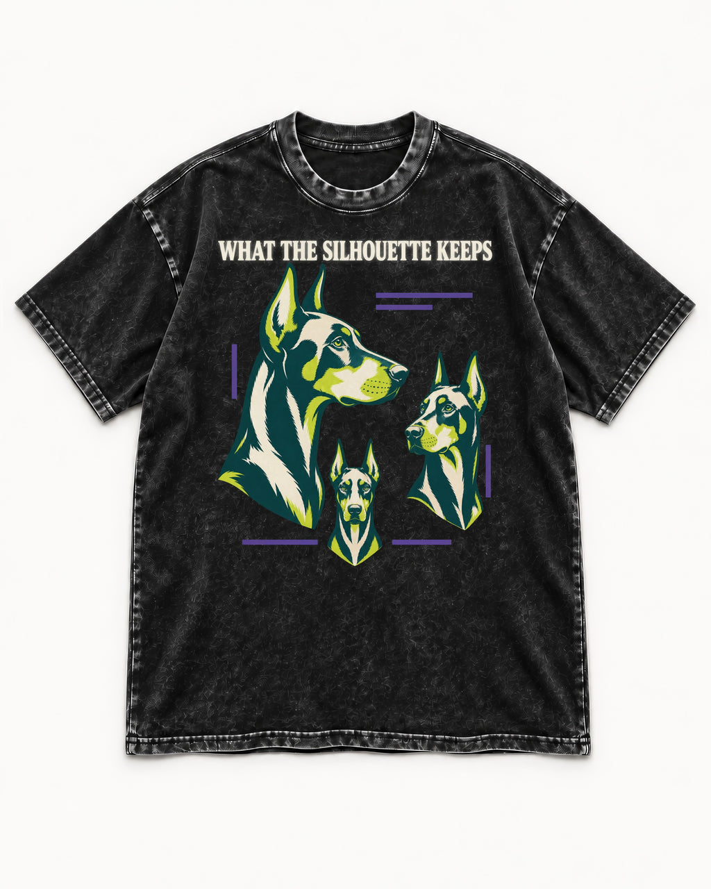 Doberman What the Silhouette Keeps Three Portrait Graphic Washed Tee in Black, flat lay product photo