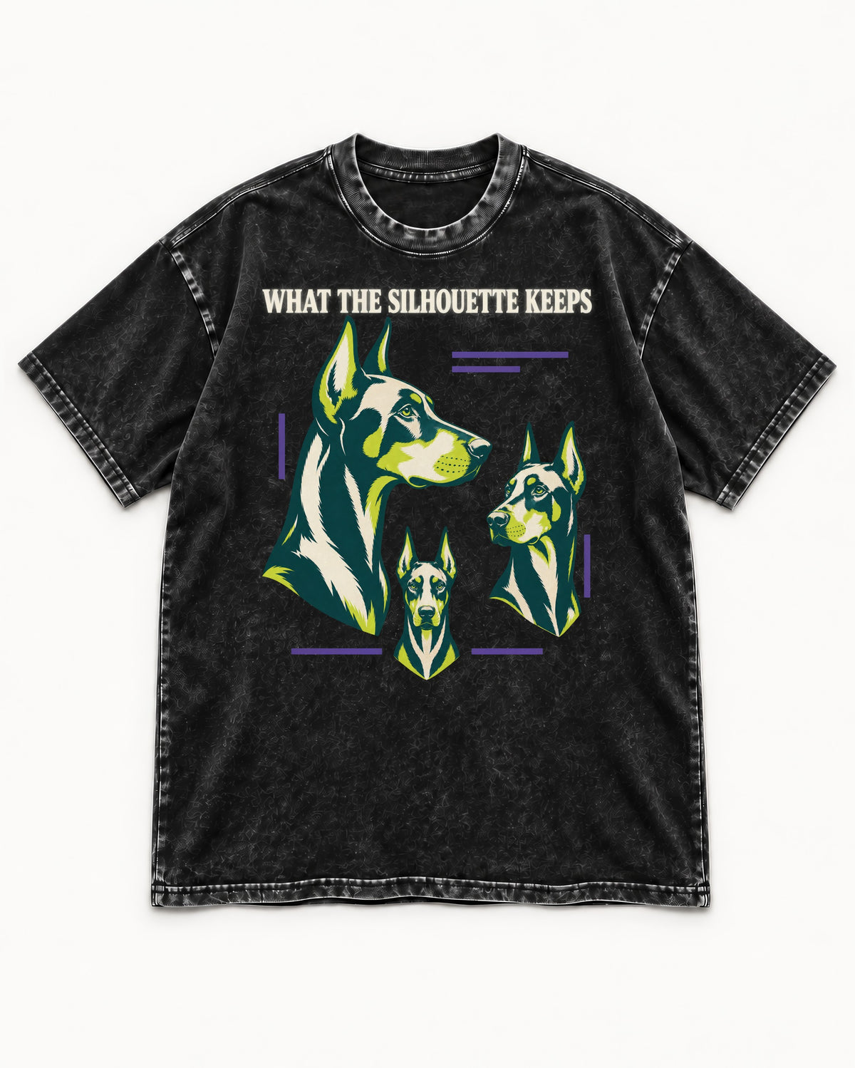 Doberman What the Silhouette Keeps Three Portrait Graphic Washed Tee in Black, flat lay product photo