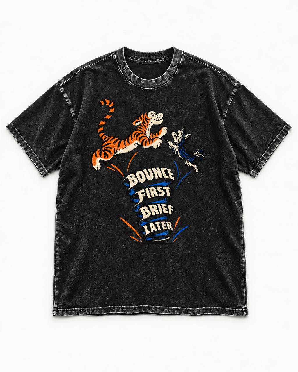 Yorkshire Terrier Bounce First Brief Later Tiger Graphic Washed Tee in Black, flat lay product photo