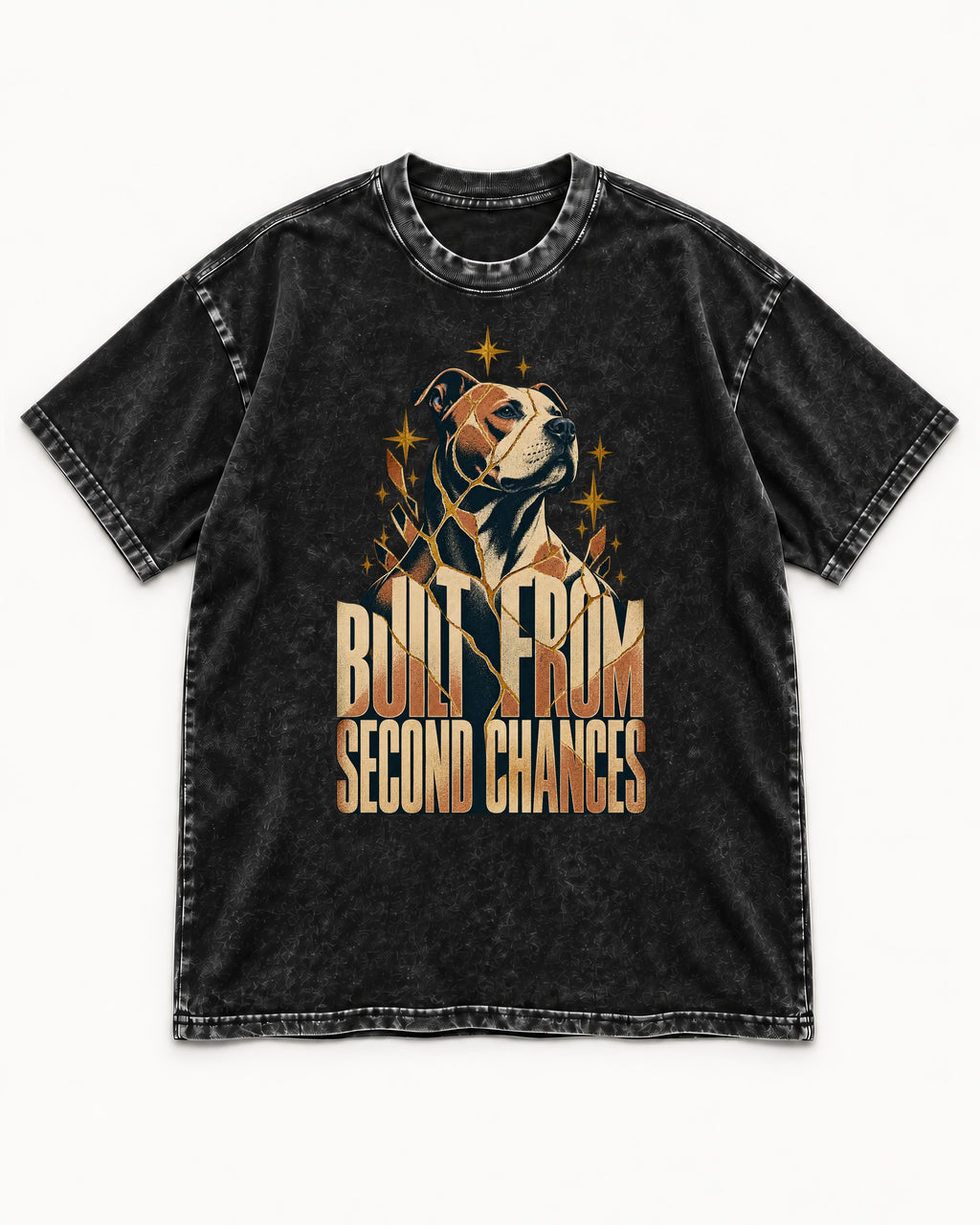 Pitbull Built from Second Chances Kintsugi Graphic Washed Tee in Black, flat lay product photo