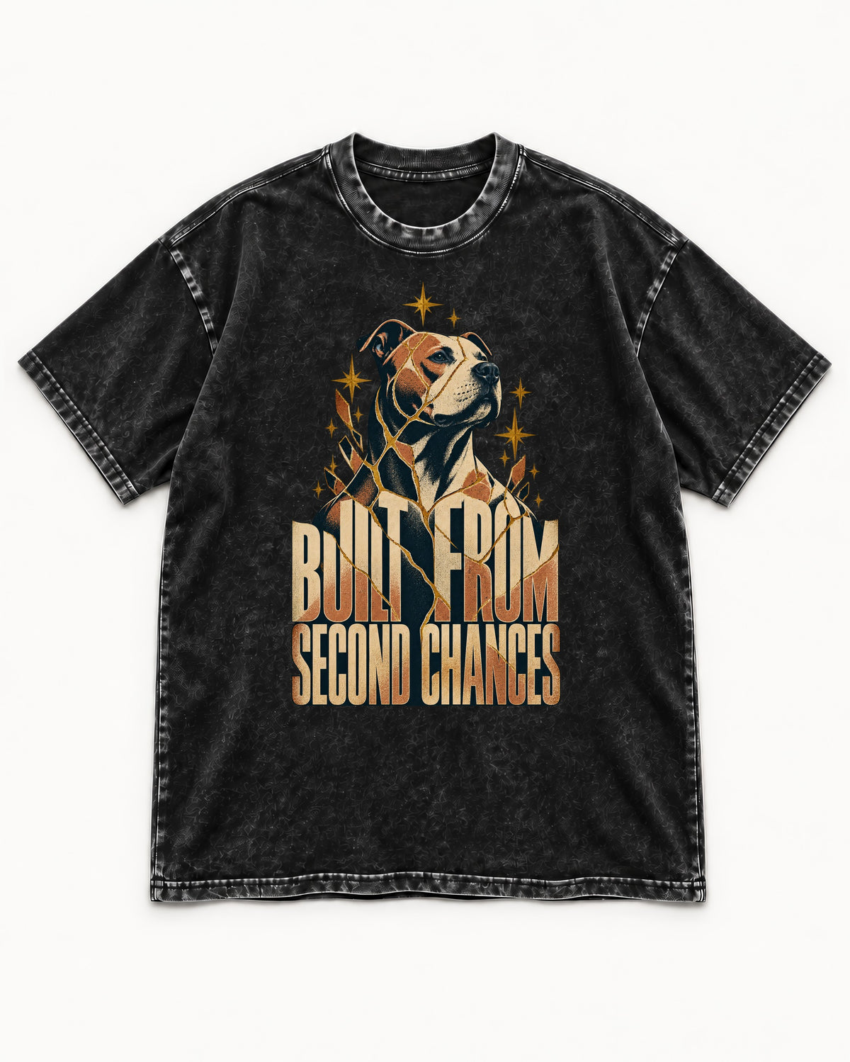 Pitbull Built from Second Chances Kintsugi Graphic Washed Tee in Black, flat lay product photo
