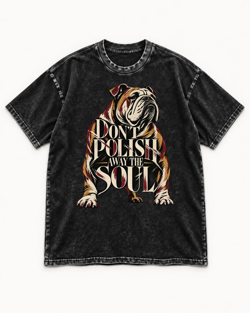 English Bulldog Don't Polish Away the Soul Typography Graphic Washed Tee in Black, flat lay product photo