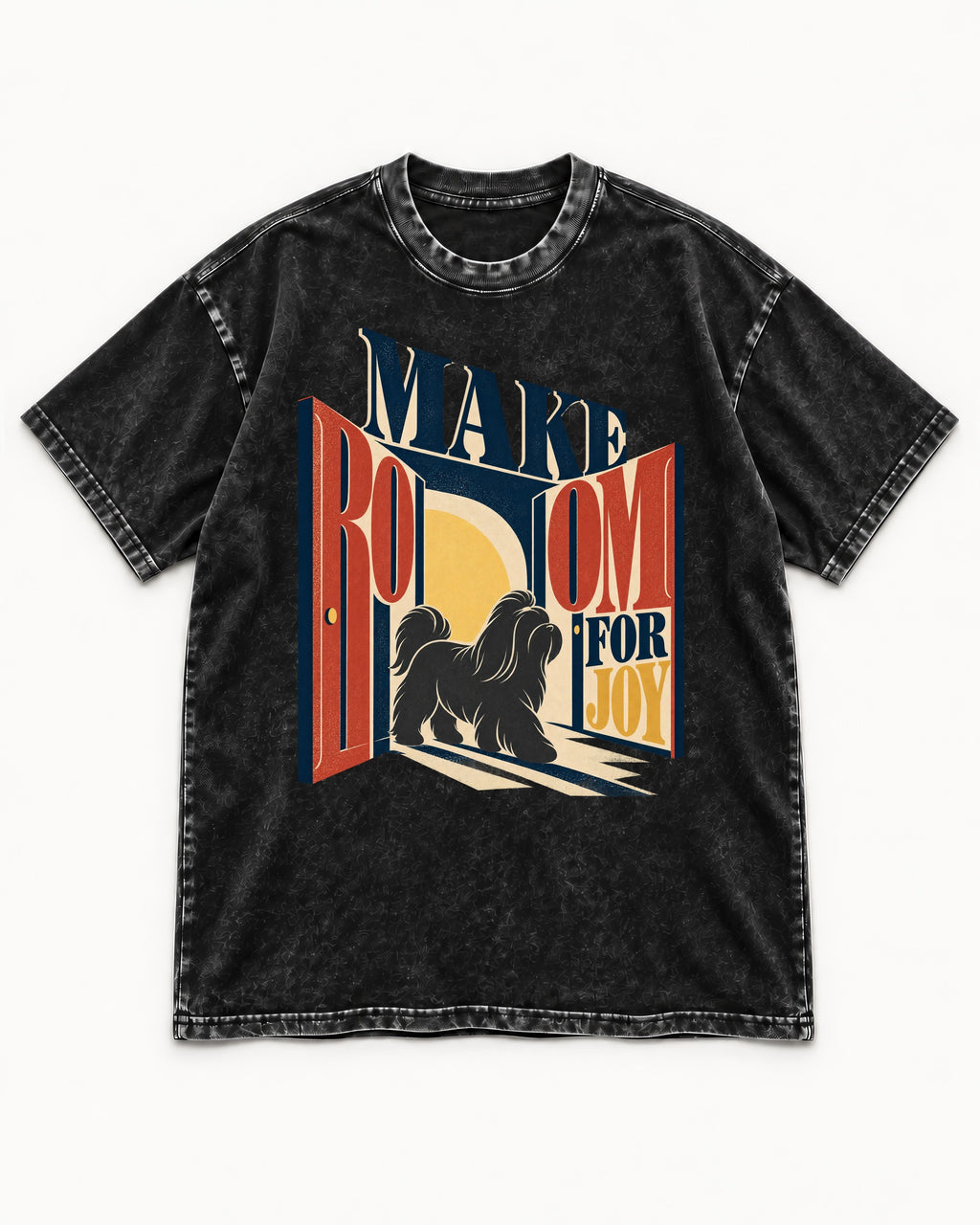 Shih Tzu Make Room for Joy Doorway Graphic Washed Tee in Black, flat lay product photo