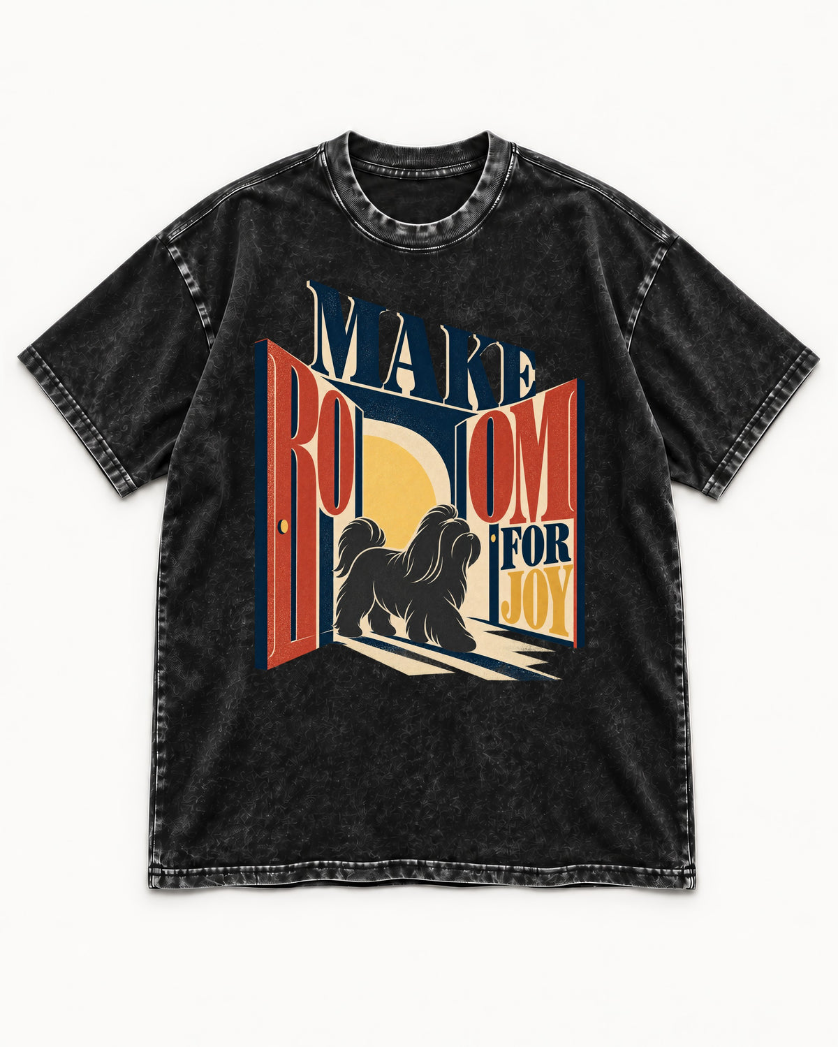Shih Tzu Make Room for Joy Doorway Graphic Washed Tee in Black, flat lay product photo