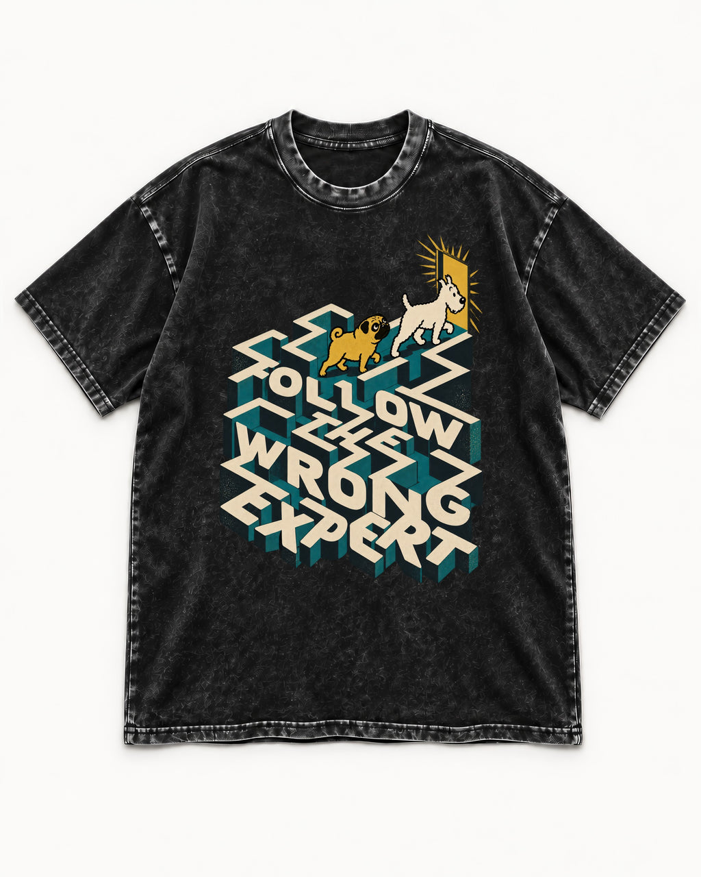 Pug Follow the Wrong Expert Isometric Maze Graphic Washed Tee in Black, flat lay product photo