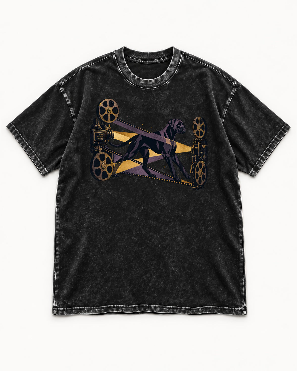 Light Never Waits Boxer Cinema Graphic Washed Tee in Black, flat lay product photo