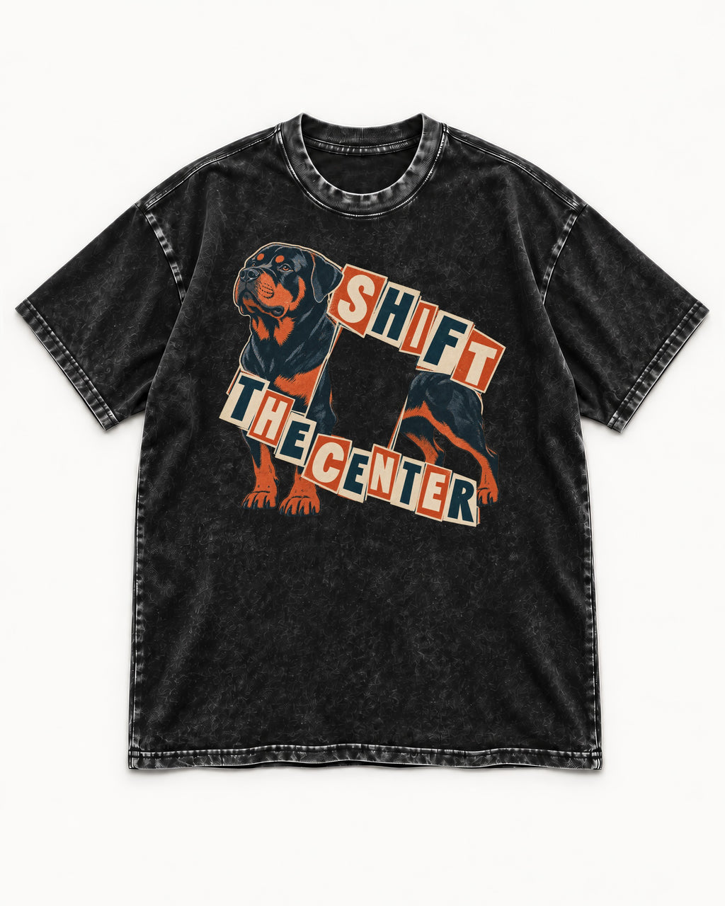 Rottweiler Shift the Center Cutout Letter Graphic Washed Tee in Black, flat lay product photo