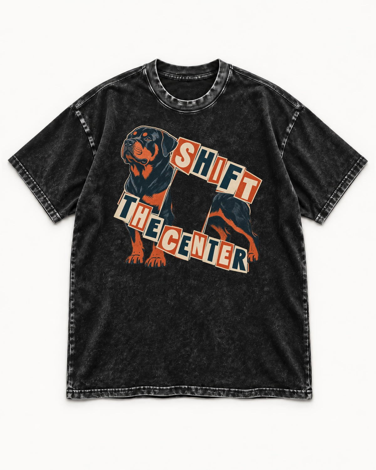 Rottweiler Shift the Center Cutout Letter Graphic Washed Tee in Black, flat lay product photo