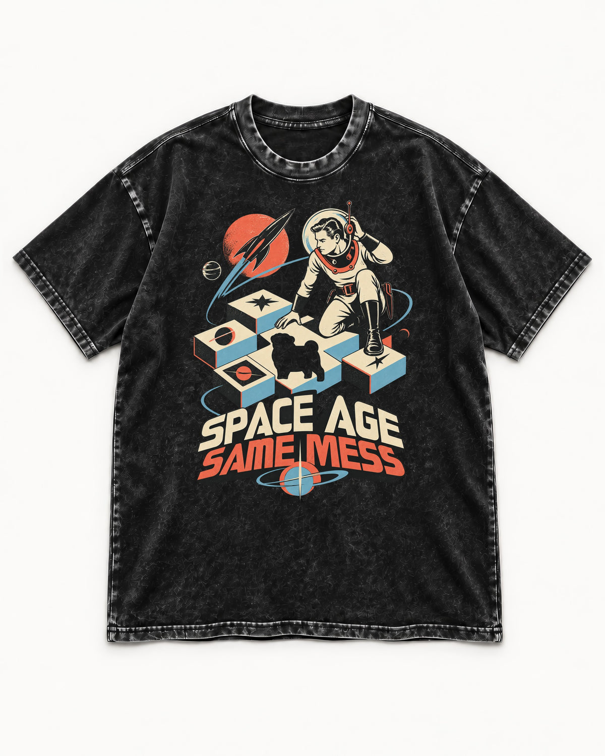 Pug Space Age Same Mess Astronaut Graphic Washed Tee in Black, flat lay product photo