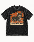 Corgi Still Standing Small Torn Poster Washed Tee in Black, flat lay product photo