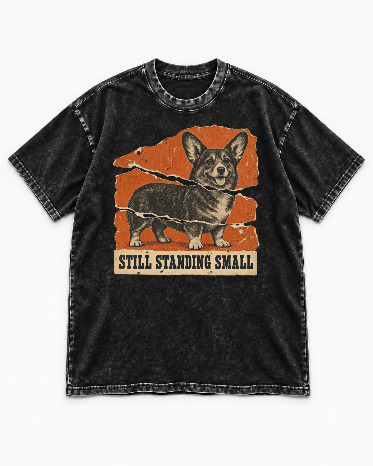Corgi Still Standing Small Torn Poster Washed Tee in Black, flat lay product photo