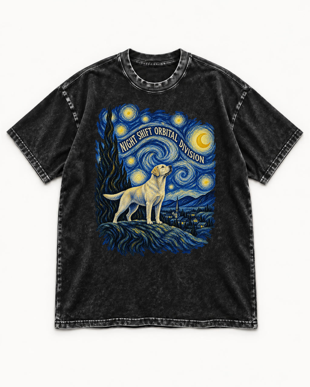 Labrador Retriever Night Shift Orbital Division Starry Night Graphic Washed Tee in Black, flat lay product photo