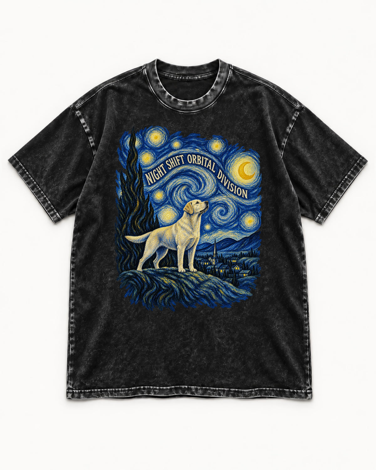 Labrador Retriever Night Shift Orbital Division Starry Night Graphic Washed Tee in Black, flat lay product photo