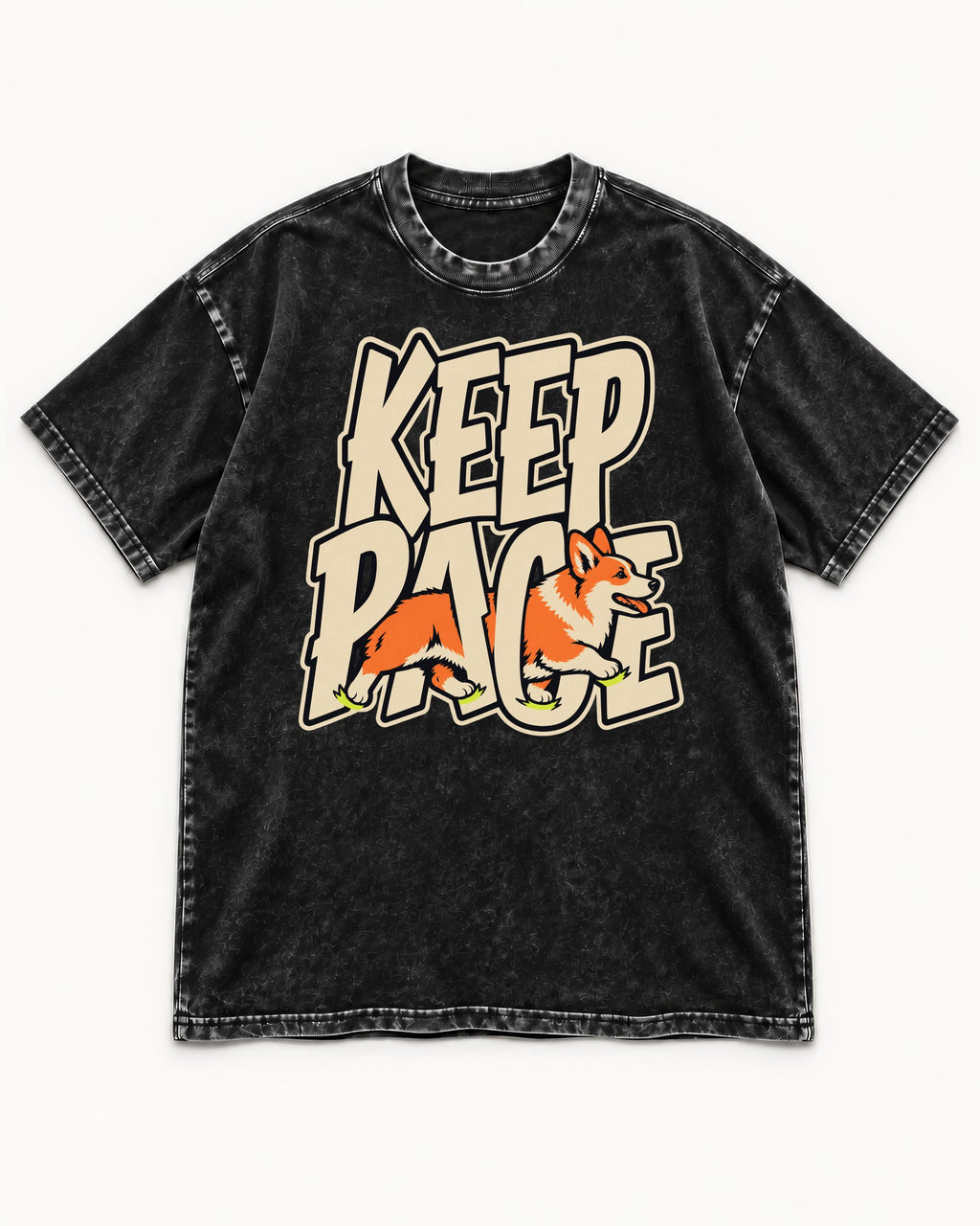 Corgi Keep Pace Running Typographic Graphic Washed Tee in Black, flat lay product photo