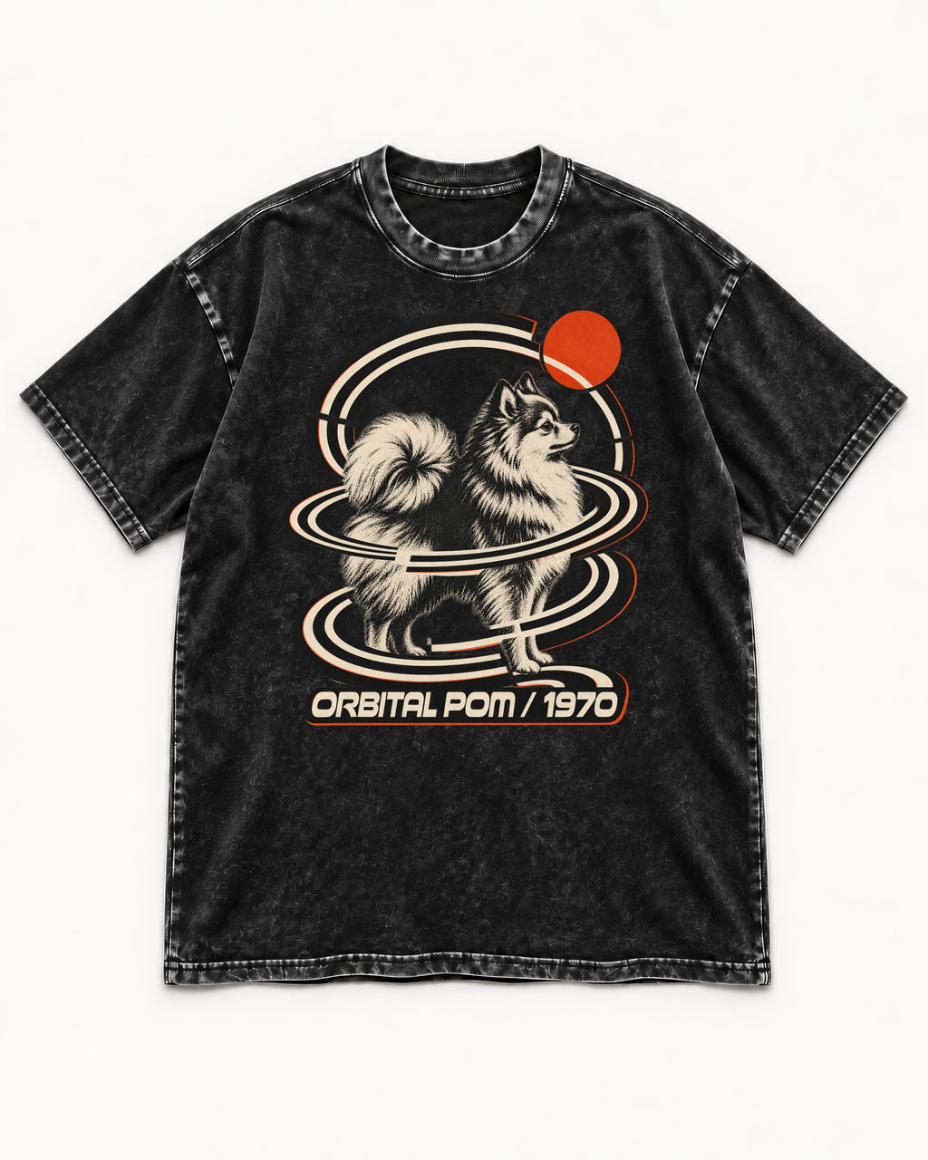 Pomeranian Orbital Pom 1970 Space Age Graphic Washed Tee in Black, flat lay product photo