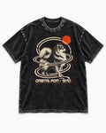Pomeranian Orbital Pom 1970 Space Age Graphic Washed Tee in Black, flat lay product photo