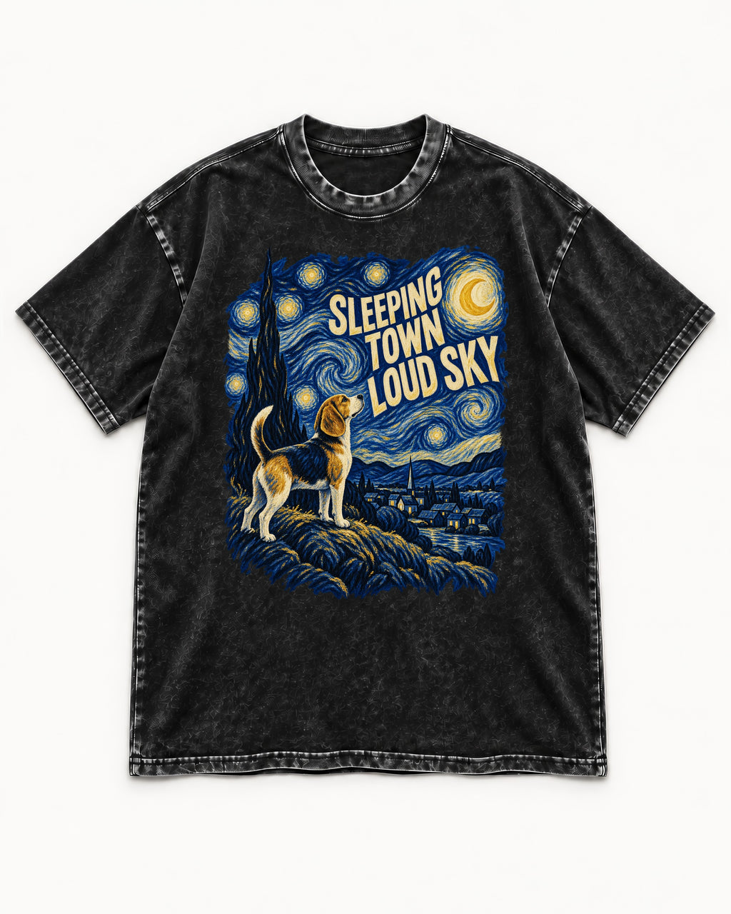 Sleeping Town Loud Sky Beagle Nightscape Washed Tee in Black, flat lay product photo