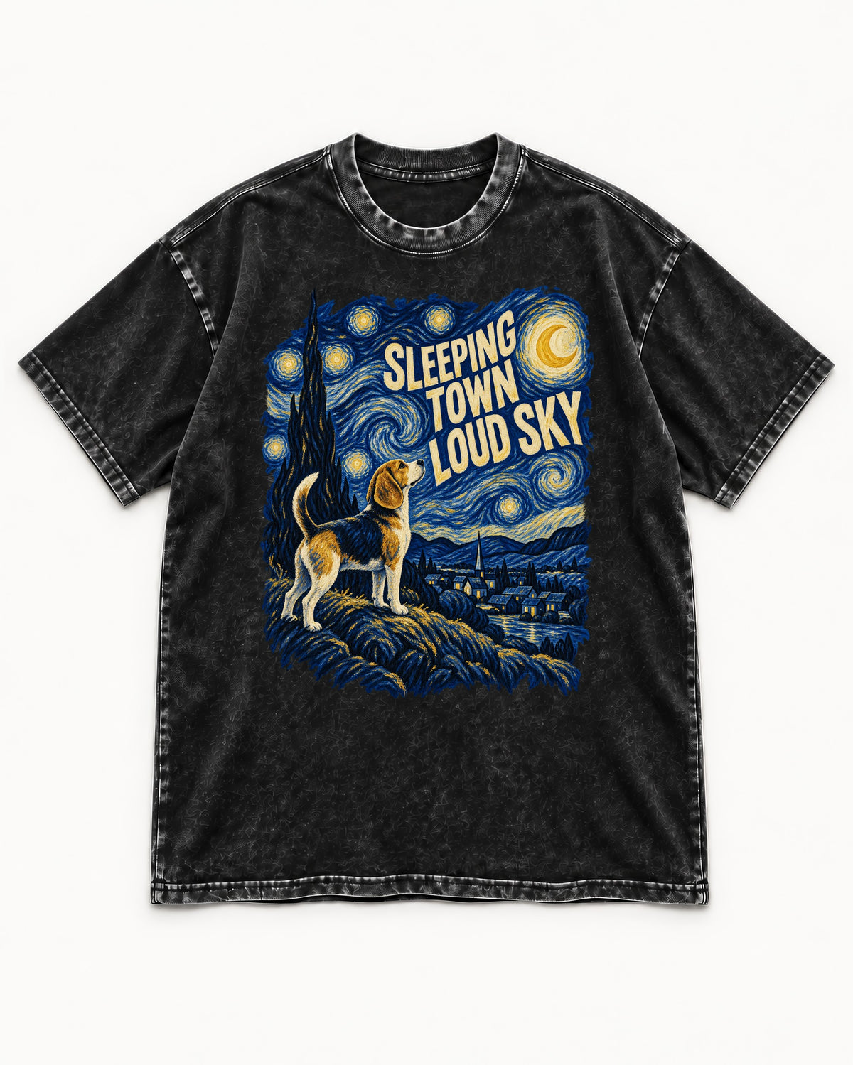 Sleeping Town Loud Sky Beagle Nightscape Washed Tee in Black, flat lay product photo