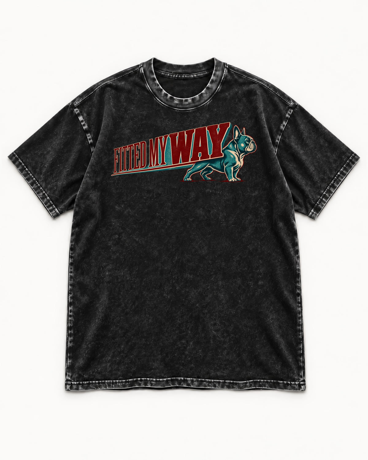 Frenchie Fitted My Way Collegiate Graphic Washed Tee in Black, flat lay product photo