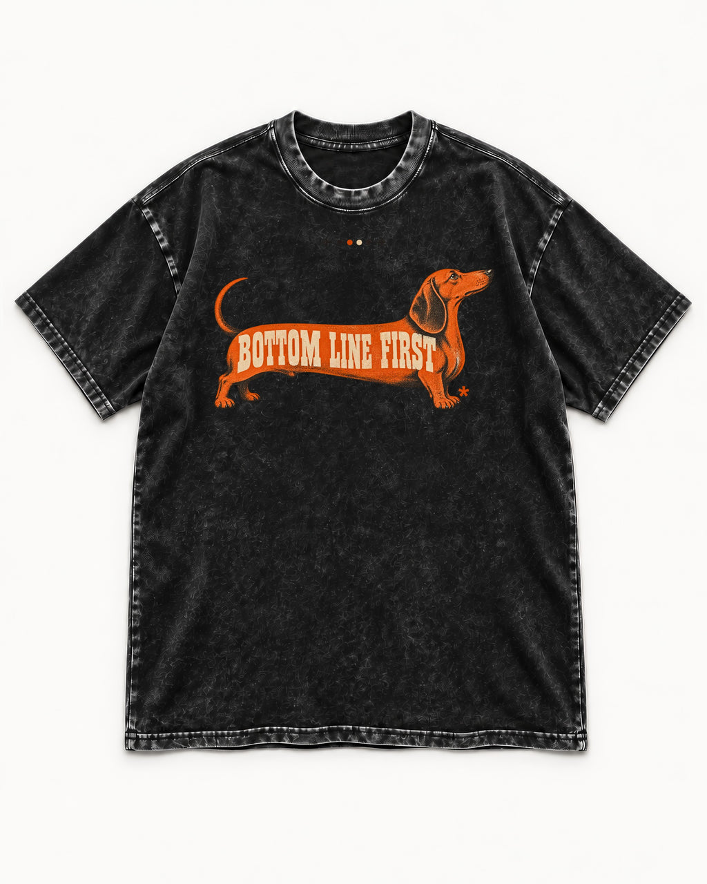 Dachshund Bottom Line First Body Lettering Graphic Washed Tee in Black, flat lay product photo
